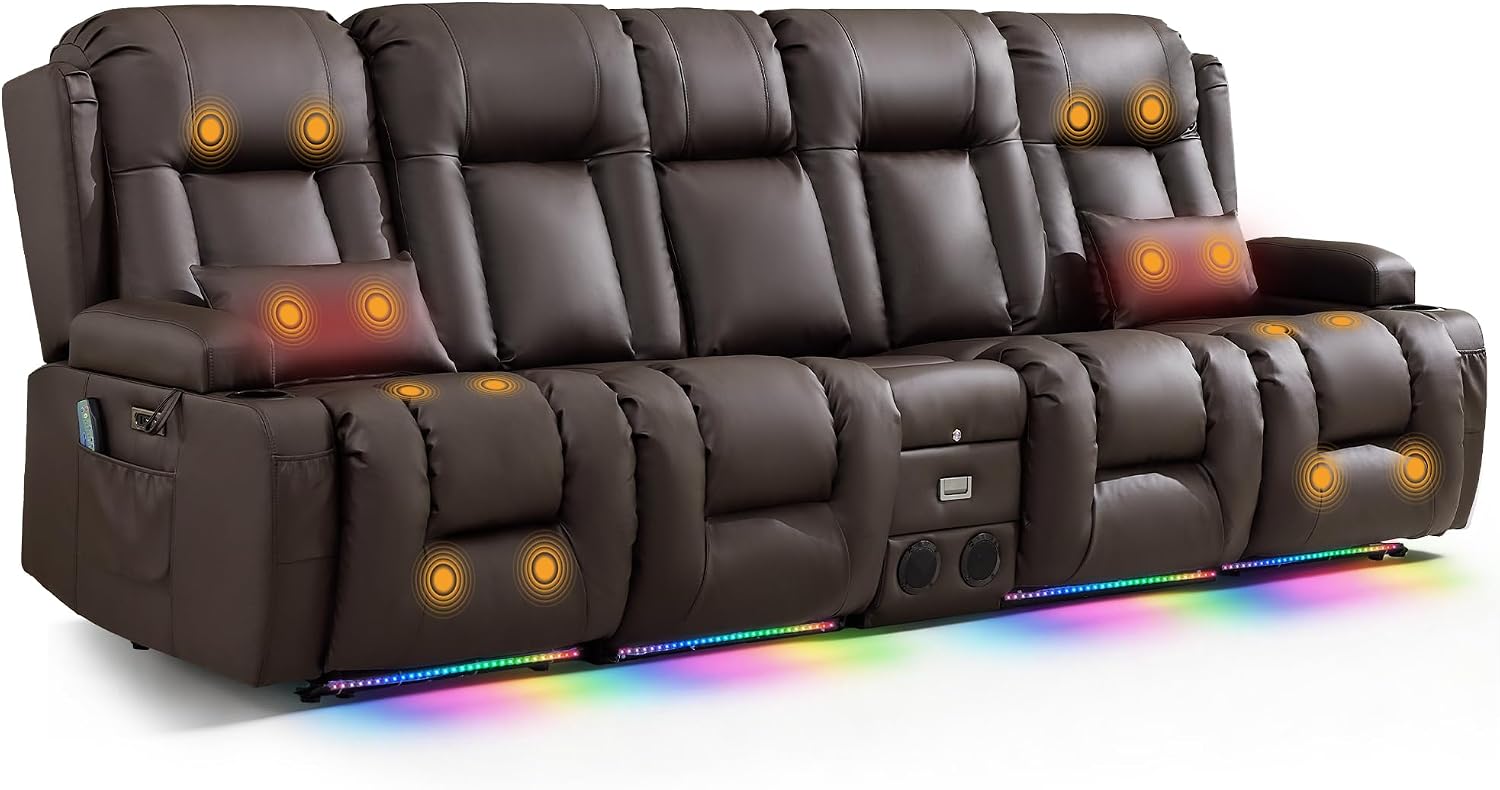 TUNYI Power Loveseat Recliner Sofa with Massage & Heat Home Theater Seating with Console RV Recliner Loveseat Sofa with USB/Storage/Side Pocket/LED Light/Speaker (Brown)