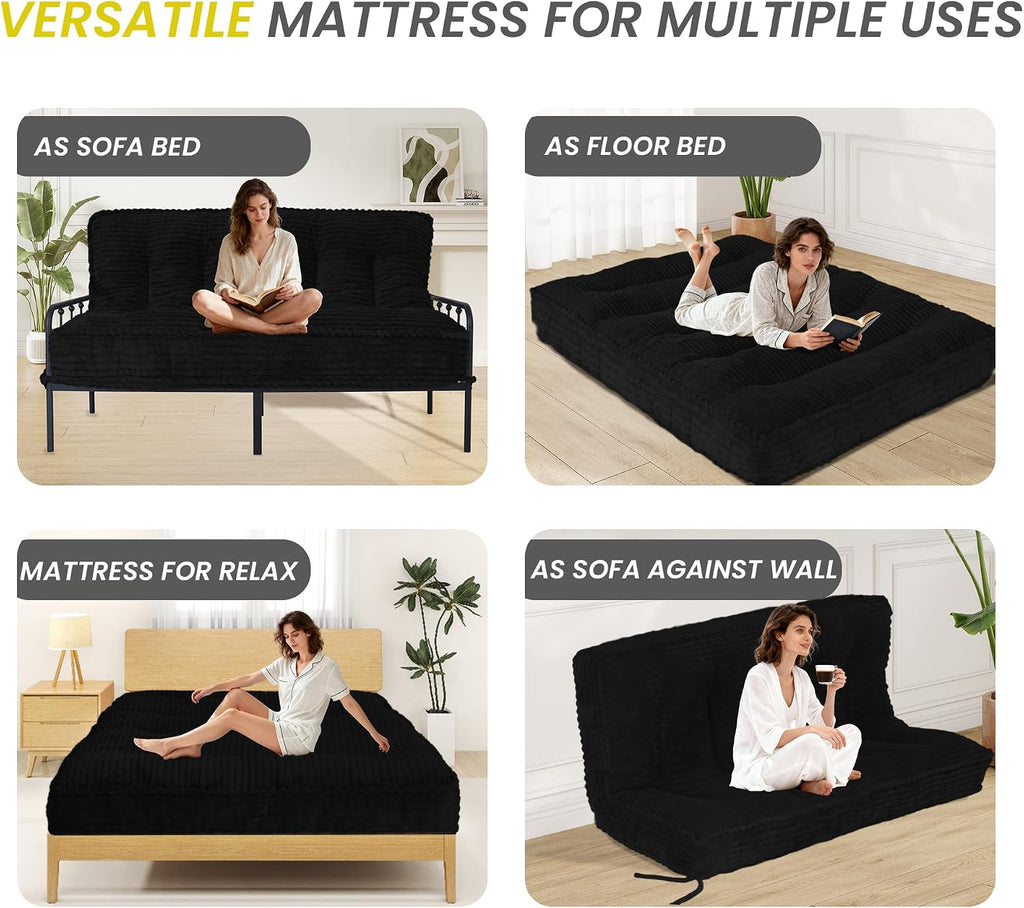 8' Futon Mattress Full Size 54' x 80', Futon Sofa Couch Bed with Twisted Rope Design Edging, Extra Thick Corded Floor Futon Mattress Sleeping Mat for Adults, Camping, Dorm, Black(Frame Not Included)