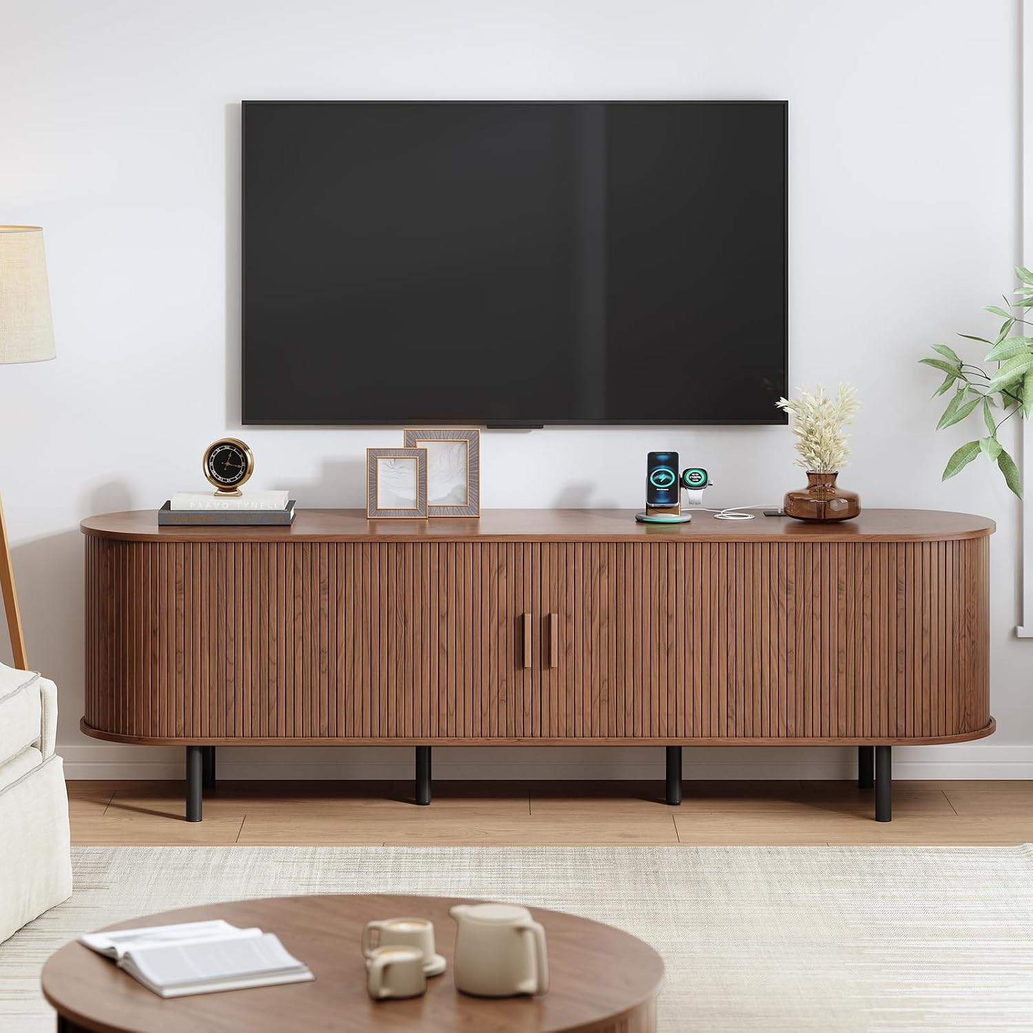 70.8' TV Stand with Power Outlet, Mid-Century Modern Television Stand, Fluted Media Console with Sliding Doors, Entertainment Center for TVs up to 60 Inch, Adjustable Shelves, Walnut