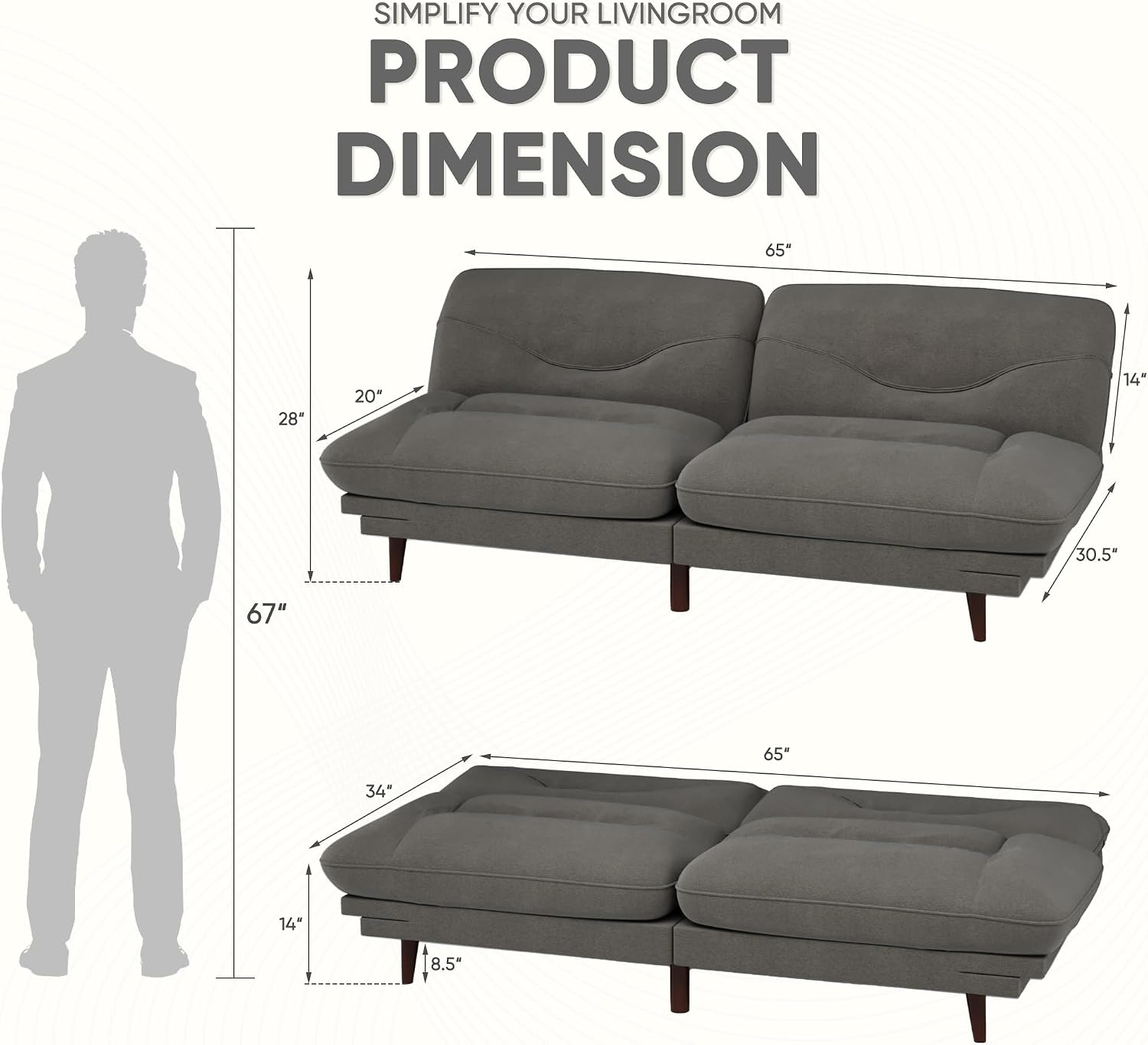 JUMMICO Convertible Futon Sofa Bed, Sleeper Futon Couch with Adjustable Backrest and Armrests, Modern Loveseat with Sturdy Wood Frame for Small Spaces, Apartments (Fabric, Dark Gray)