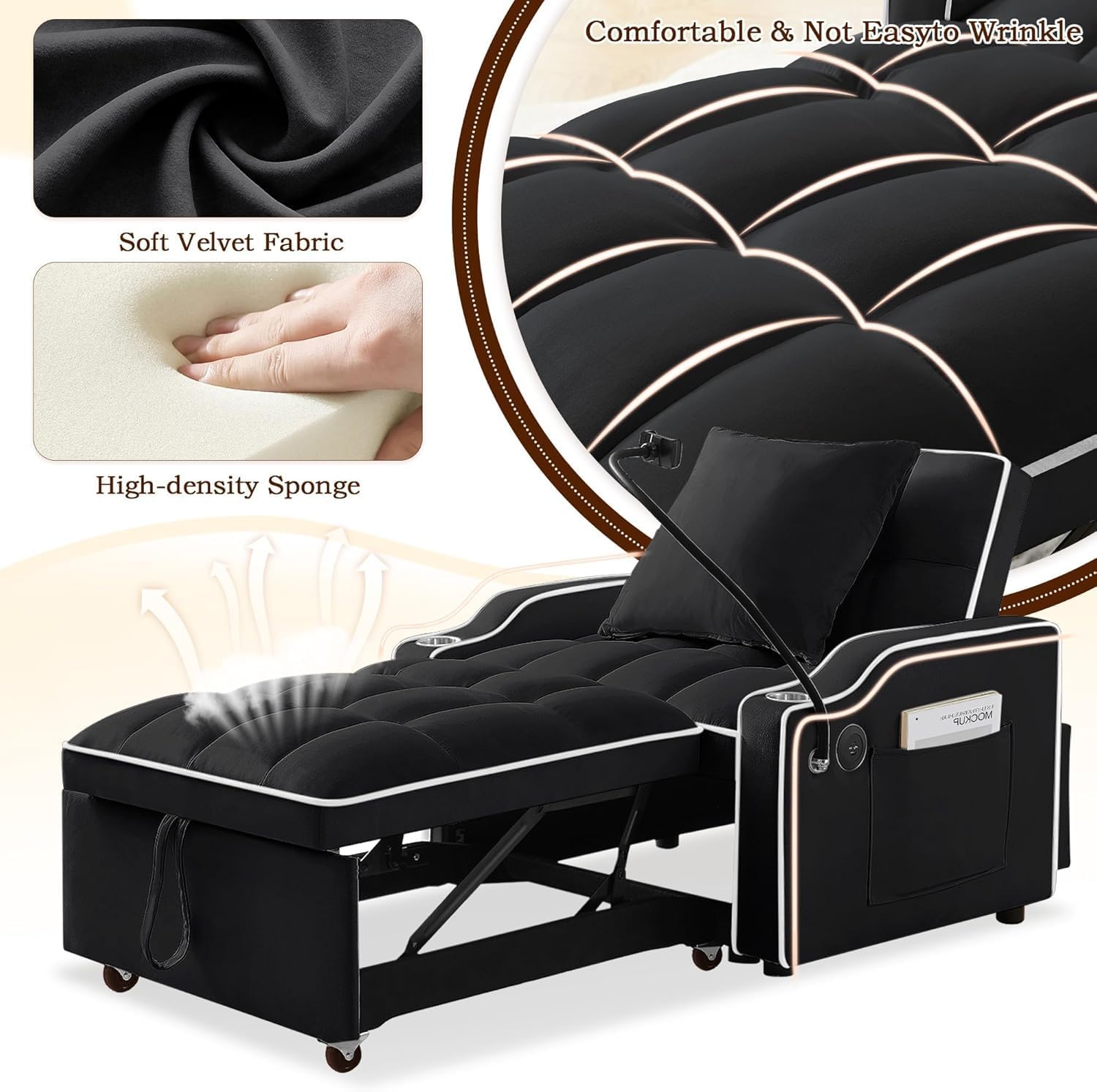 3-in-1 Convertible Sleeper Sofa Bed Chair with Cup Holders & Phone Holder, Futon Chair Bed with Pull Out Couch Adjustable Backrest, Modern Velvet Chaise Lounge for Living Room Bedroom (Black, 35.43')