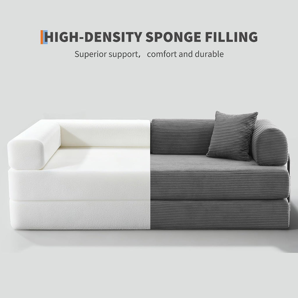 IDEALHOUSE 4 in 1 Convertible Sleeper Sofa Bed Couch, 79 Inch Boneless Corduroy Floor Couch with Pillows, No Assembly, Modern Deep Seat Sofa Futon Mattress for Living Room,Apartment,Gray