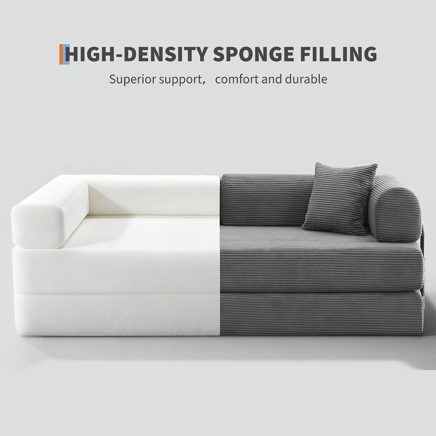 IDEALHOUSE 4 in 1 Convertible Sleeper Sofa Bed Couch, 79 Inch Boneless Corduroy Floor Couch with Pillows, No Assembly, Modern Deep Seat Sofa Futon Mattress for Living Room,Apartment,Gray