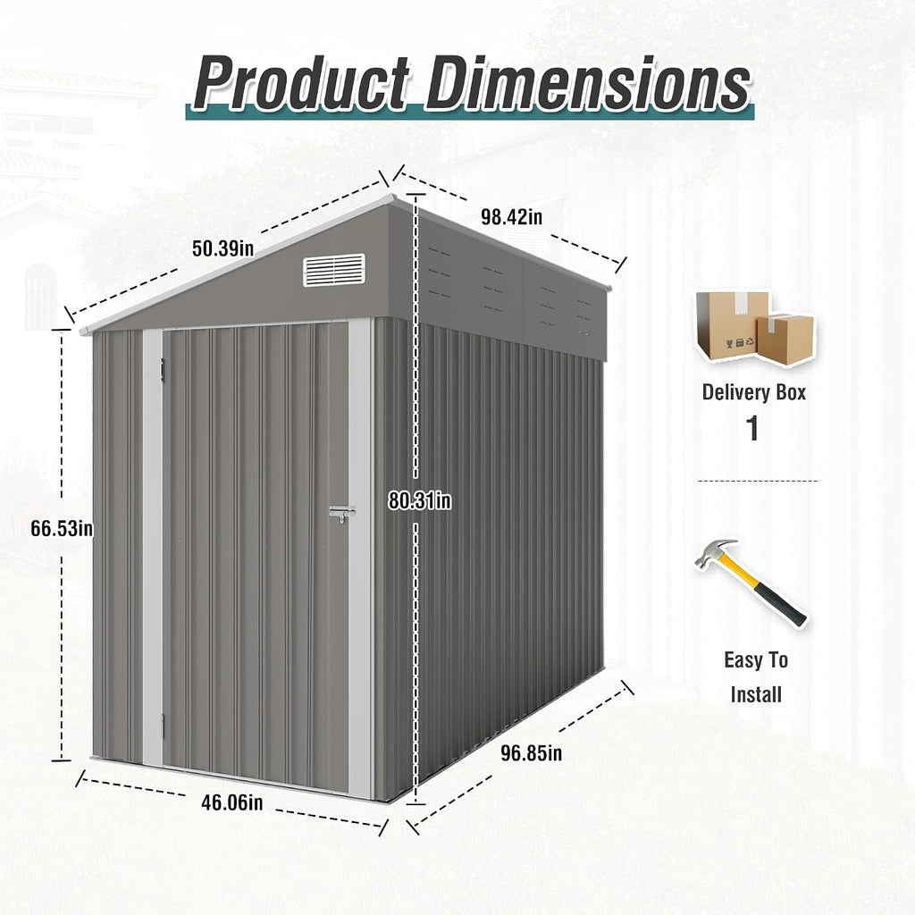 YOPTO 4x8 FT Outdoor Metal Storage Shed,Waterproof Lean to Tool Sheds,Heavy-Duty Unit with Single Hinge Side Door and Ventilation Windows,Weather Resistant,for Backyard,Patio,Lawn,Dark Gray