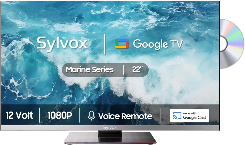 SYLVOX 12 Volt TV, 22' Smart Television with DVD Player Built in, 1080P Google OS ATSC NTSC WiFi Bluetooth HDMI USB, AC/DC Powered, 12V TV for RV Camper Boat Coastal Home (Marine Series)