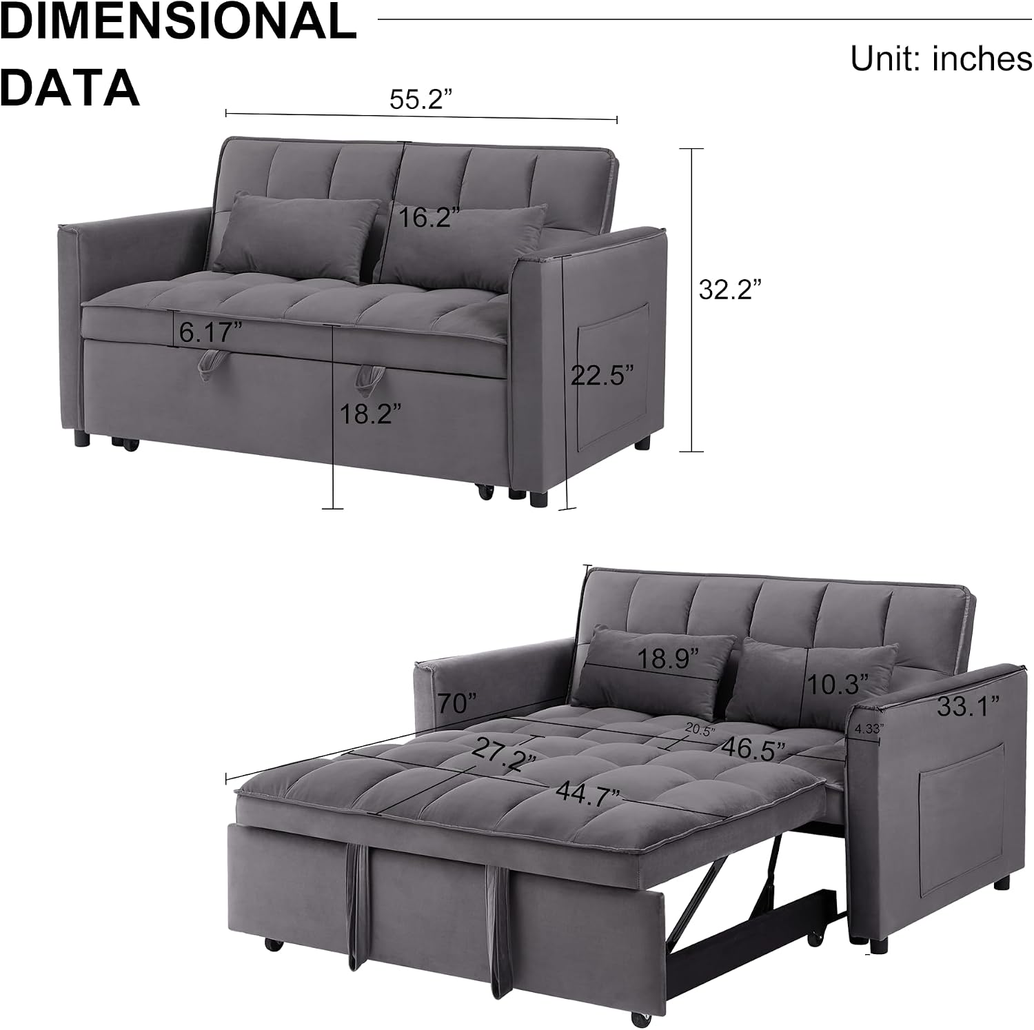 Oversized 3-in-1 Convertible Sleeper Sofa Bed, Futon Couch with Pullout Bed, 2-Seater Loveseat Sofa w/Pockets, Adjustable Backrest and Pillows for Living Room Apartment (55INCH-Dark Gray)