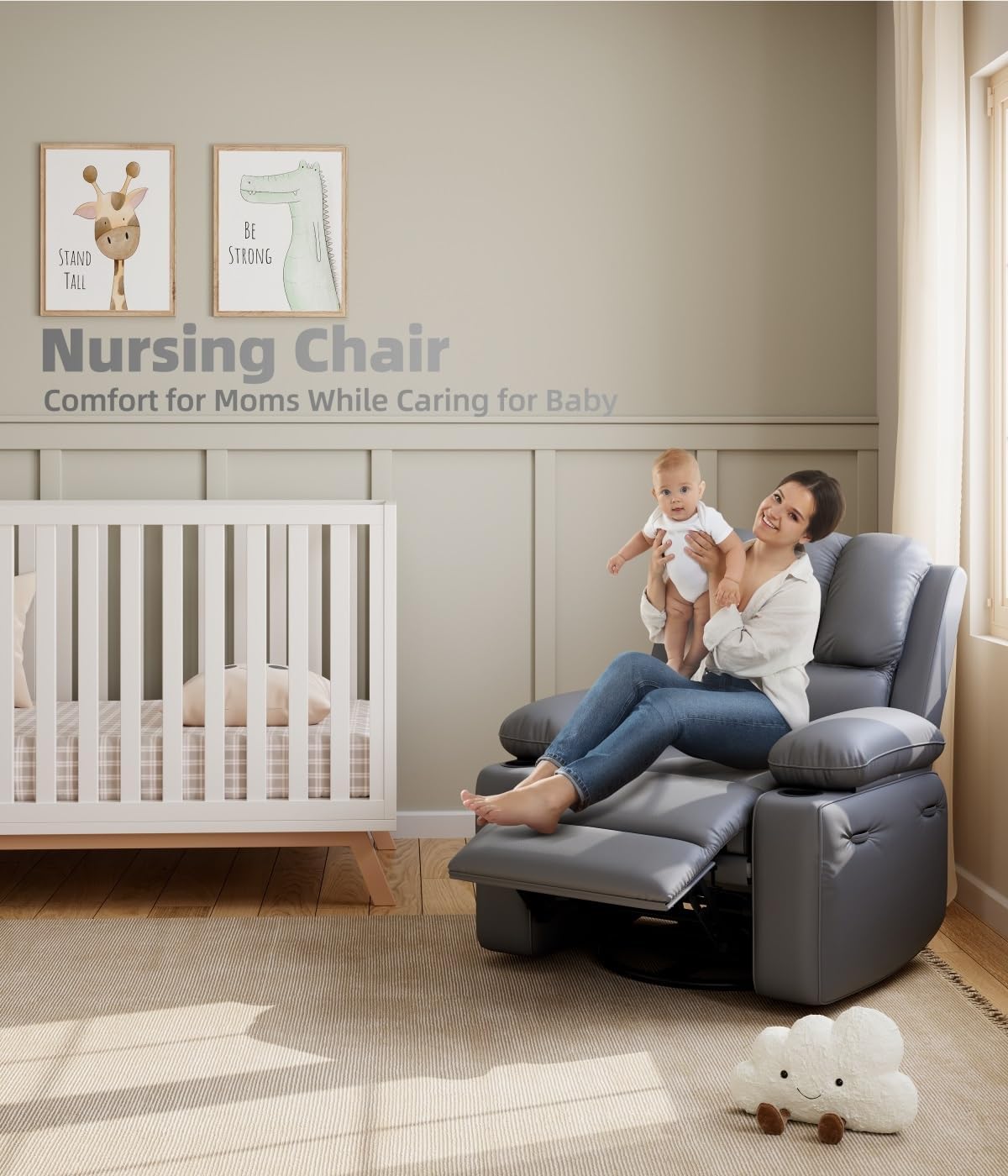 22'' Electric Recliner Chair for Adults, Swivel Rocker Recliner with Massage and Heat, Pu Leather Single Sofa with Cup Holder and Side Pocket, for Living Room, Bedroom, Grey