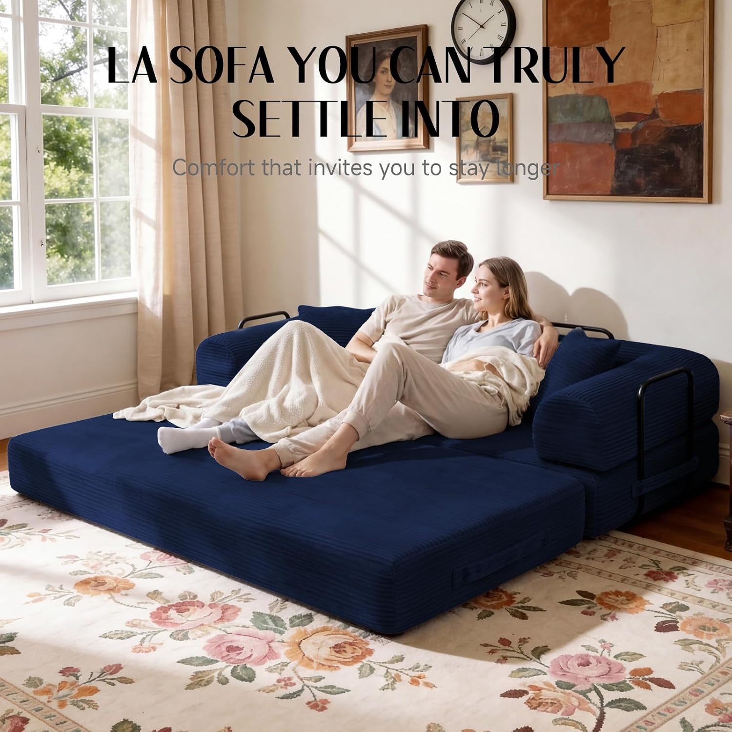 79' Corduroy Sofa Bed, Boneless Couch in a Box with 2 Pillows, High-Density Foam 4-in-1 Foldable Sleeper Futon Loveseat for Small Spaces, No Assembly, Side Pockets, Round Arm Blue