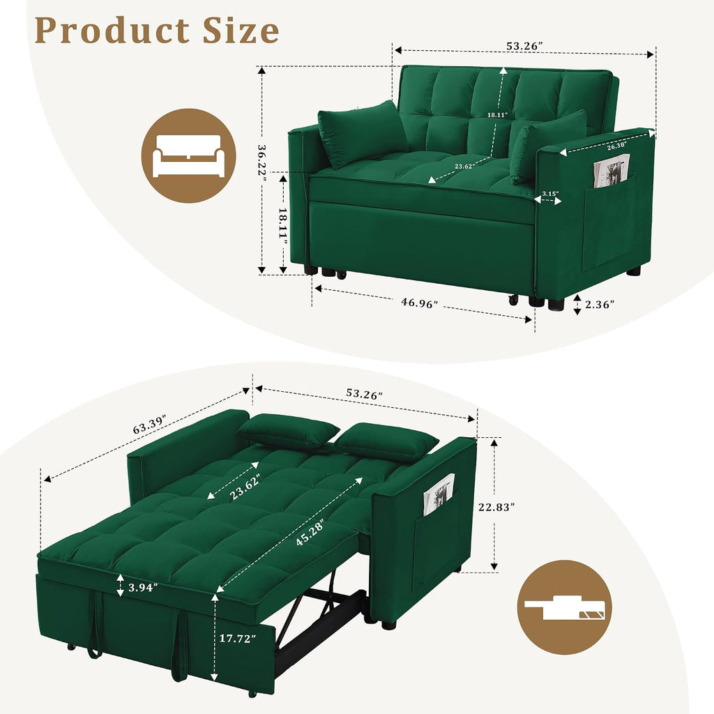 Oversized 3-in-1 Convertible Sleeper Sofa Bed, Futon Couch with Pullout Bed, 2-Seater Loveseat Sofa w/Pockets, Adjustable Backrest and Pillows for Living Room Apartment (Green-55inch)