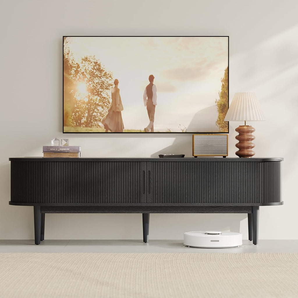 LINSY HOME 70' Fluted TV Stand for TVs up to 80 Inch, Mid Century Modern Entertainment Center with Storage Cabinet and Sliding Doors, Farmhouse Wood Media TV Console for Living Room, Bedroom, Black