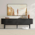 LINSY HOME 70' Fluted TV Stand for TVs up to 80 Inch, Mid Century Modern Entertainment Center with Storage Cabinet and Sliding Doors, Farmhouse Wood Media TV Console for Living Room, Bedroom, Black