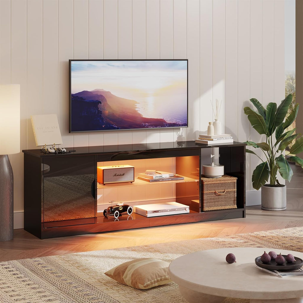 Bestier 57' Gloss Black Media Console - Gaming TV Stand for 65 Inch TV, Entertainment Center for PS5/Xbox Series X, Modern Home Theater Design, Adjustable Glass Shelves