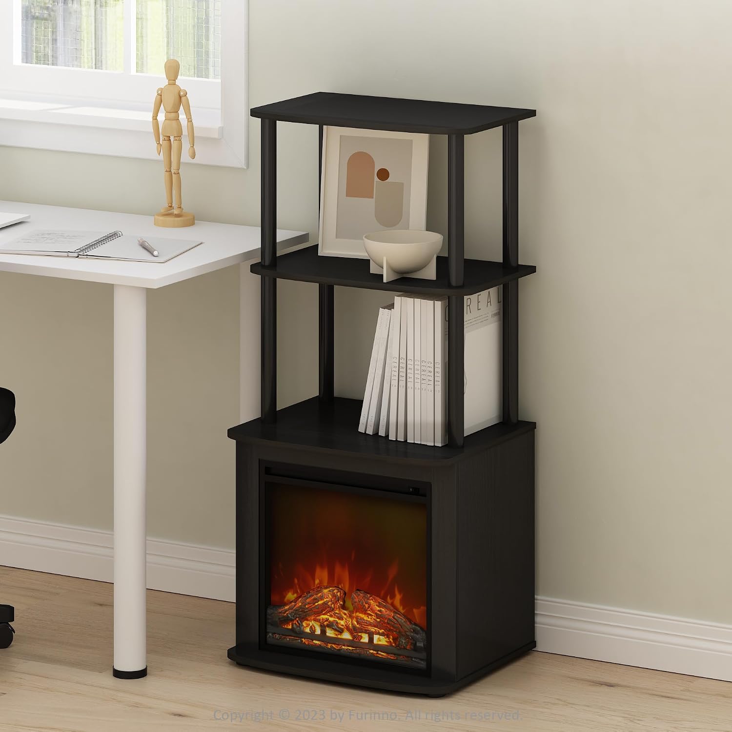 Furinno Turn-N-Tube Side Table, 3-Tier NO Heat Fireplace End Table with Open Shelf, Electric Fireplace Display Night Stand, Bedside Table, for Living Room, Bedroom, Americano/Black