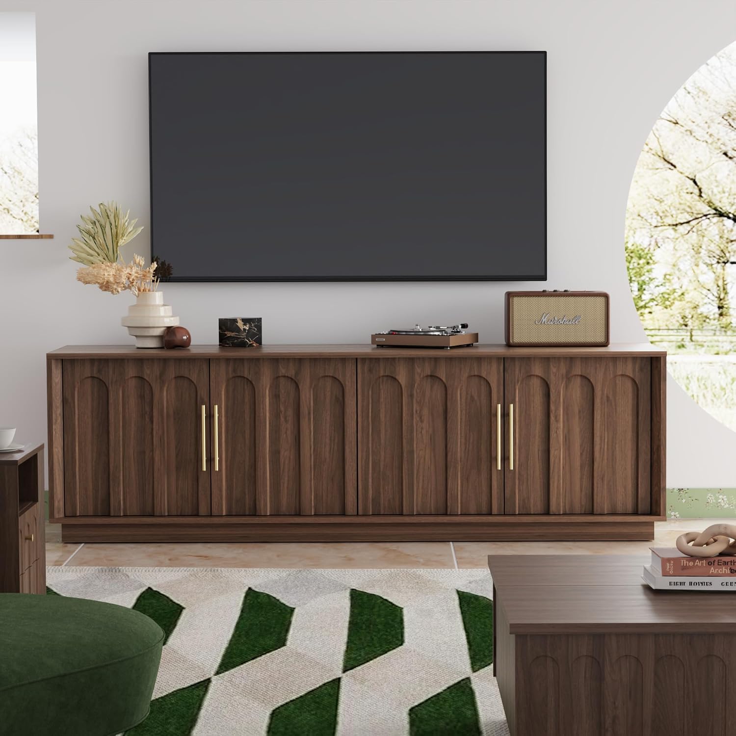 FORTUNETEC TV Stand for 75 Inch TV, Mid Century Modern TV Stand with Arched Design, Wood Grain Finish, Media Console with Adjustable Shelves, 67' Entertainment Center for Living Room Bedroom, Walnut