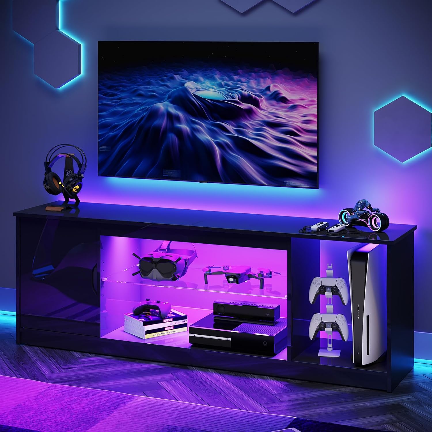Bestier 57' Gloss Black Media Console - Gaming TV Stand for 65 Inch TV, Entertainment Center for PS5/Xbox Series X, Modern Home Theater Design, Adjustable Glass Shelves