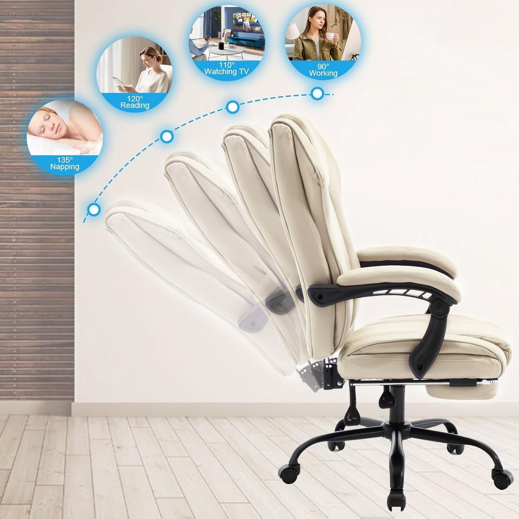 Ergonomic Reclining Office Chair with Footrest, PU Leather Comfortable Recliner Office Desk Chair with Leg Rest Wheels,Beige