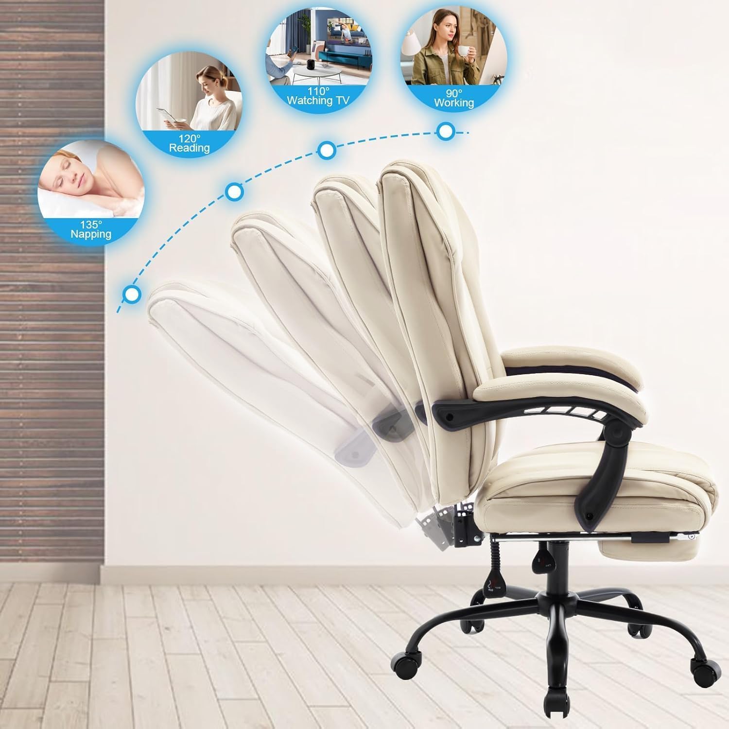 Ergonomic Reclining Office Chair with Footrest, PU Leather Comfortable Recliner Office Desk Chair with Leg Rest Wheels,Beige