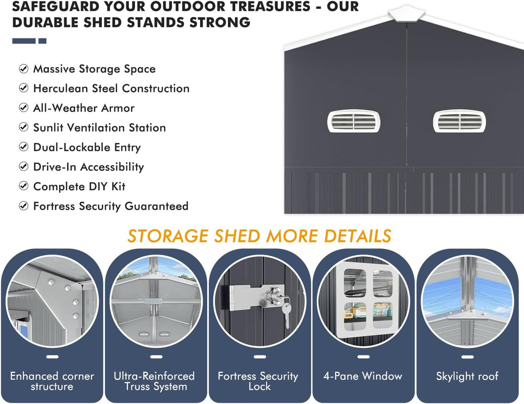 K Knowbody 13x20x8.3 FT Metal Garage Shed with Base Floor Kit, Heavu-Duty Powder-Coated 18-Gauge Steel Frame, 100 PSF Snow & 150 MPH Wind Rated, Skylight Dual-Entry Carport Workshop