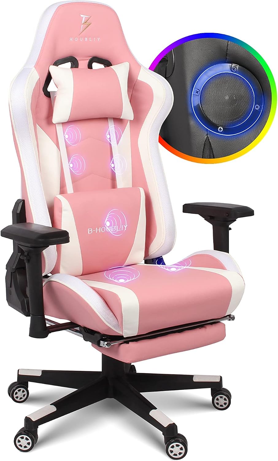 Gaming Chair for Adults,RGB Computer Chair with Footrest, Ergonomic Chair 4D Armrest Move Up and Down 8CM - Video Game Chair with Lumbar Massage Support and Headrest for Office Teenager,Pink