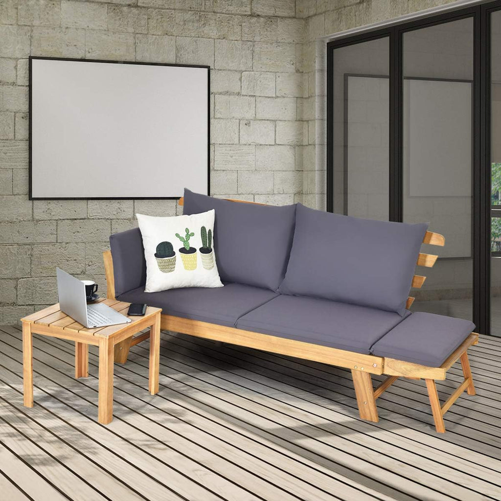Tangkula Convertible Acacia Wood Patio Couch Sofa Bed with Adjustable Armrest, Outdoor Daybed with Cushion & Pillows, Outside Folding Futon Sofa Couch Bench for Porch, Courtyard, Poolside & Garden