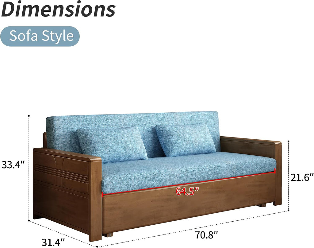 71'queen convertible sofa sleeper,blue cushion sectional sleeper sofa with reversible chaise,walnut color wood sofa bed 3 in 1 pull out couch bed,wooden couch for livingroom,apartment,bedroom,office