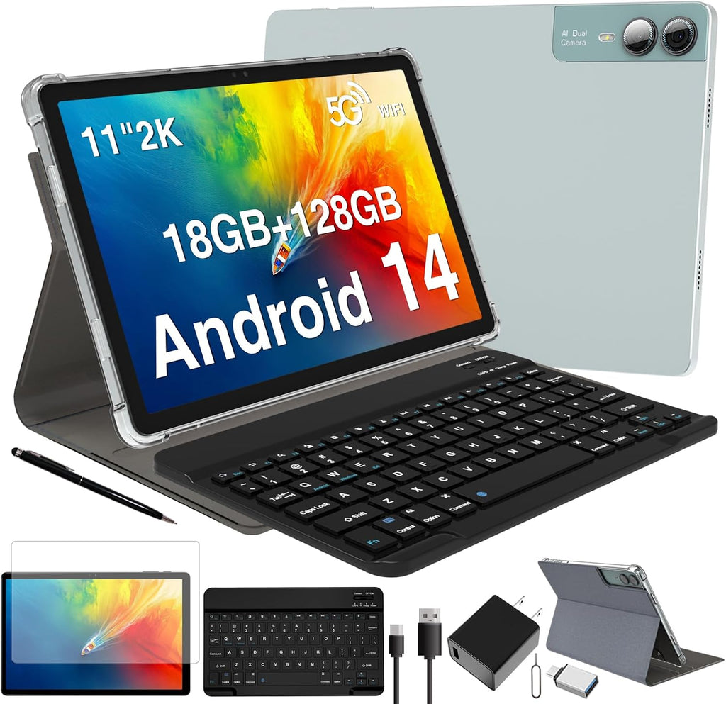 2026 Latest 11 inch Android Tablet, 18GB RAM 128GB ROM, 1TB Expandable, 2K Display, T616 Octa-Core, 13MP+5MP+5MP Camera, 9000mAh Battery, GPS, Face ID, Quad Speakers, Tablet with Keyboard and Pen