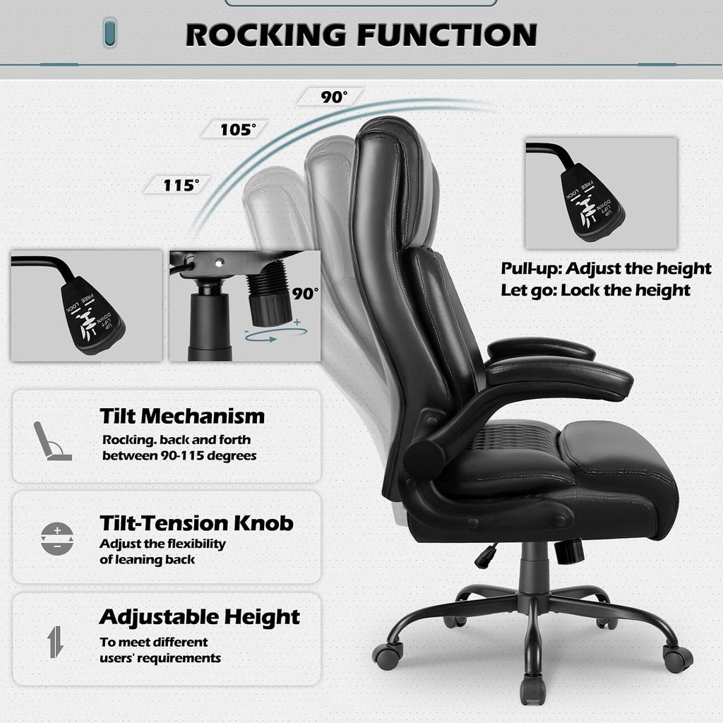 LEMBERI High Back Executive Office Chair for Adult, Big and Tall Leather Home Desk Chairs with Padded Flip-up Arms, Swivel Rolling Computer Gaming Chair (Black)