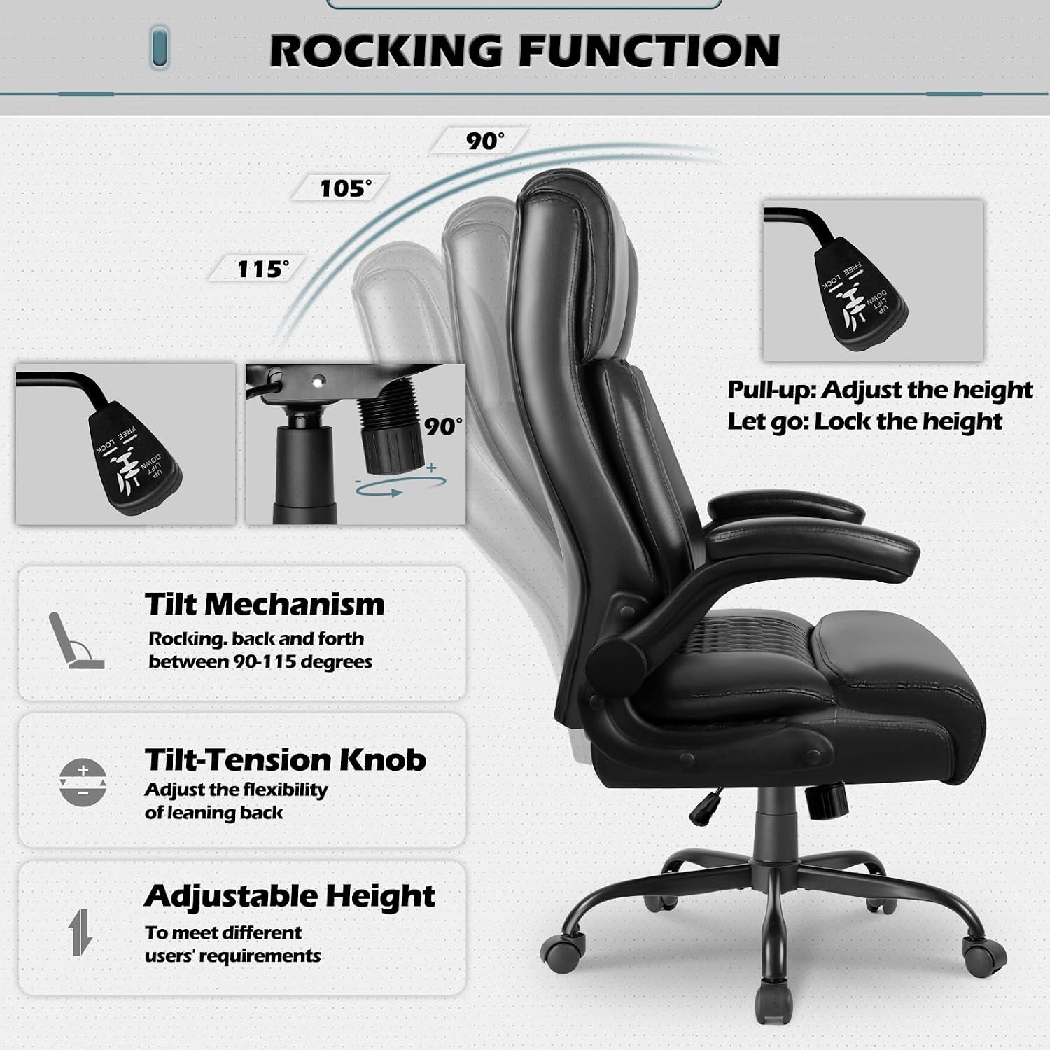 LEMBERI High Back Executive Office Chair for Adult, Big and Tall Leather Home Desk Chairs with Padded Flip-up Arms, Swivel Rolling Computer Gaming Chair (Black)