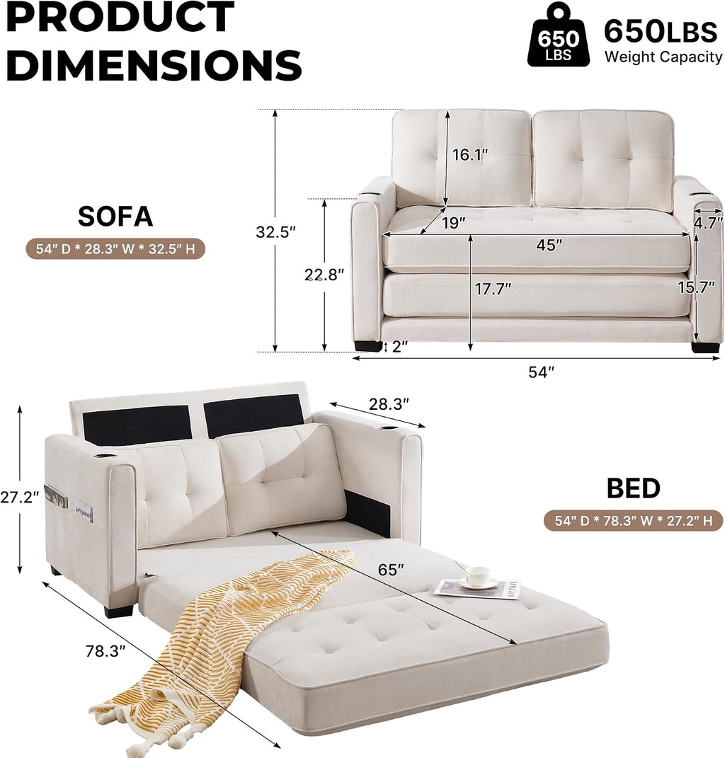 Convertible Sofa Bed, Pull Out Loveseat Sleeper Couch,Linen Fabric 2 in 1 Folding Couch Bed, Fold Out Floor Futon Couches with Cup Holder for Living Room, Bedroom,Small Space, Beige