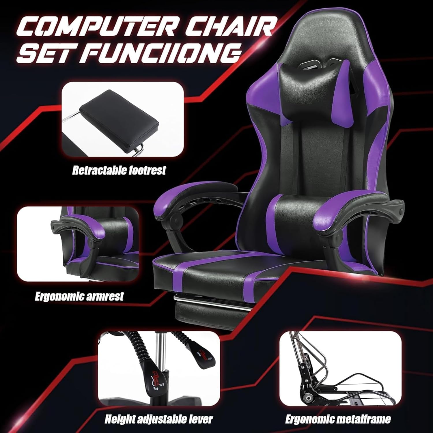 Video Game Chairs for Adults, PU Leather Gaming Chair with Footrest, 360° Swivel Adjustable Lumbar Pillow Gamer Chair, Comfortable Computer Chair for Heavy People, Purple