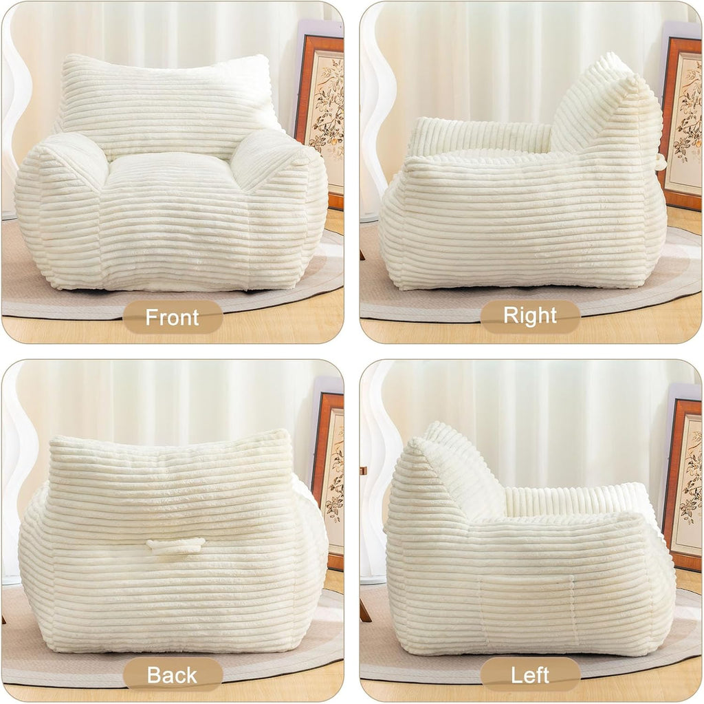 Bean Bag Chair for Adults, Comfy Corduroy Beanbag with Armrests, Lazy Sofa Floor Chair for Living Room, Bedroom, Dorm & Lounge, Cozy Fluffy Single Mini Couch (White)