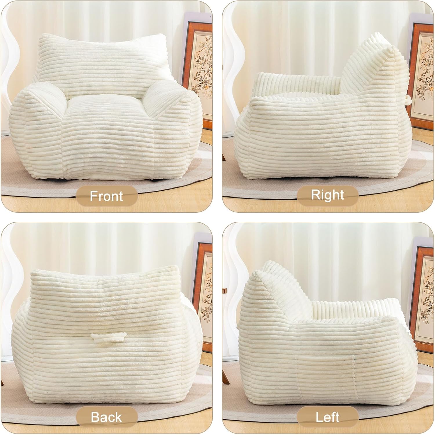 Bean Bag Chair for Adults, Comfy Corduroy Beanbag with Armrests, Lazy Sofa Floor Chair for Living Room, Bedroom, Dorm & Lounge, Cozy Fluffy Single Mini Couch (White)