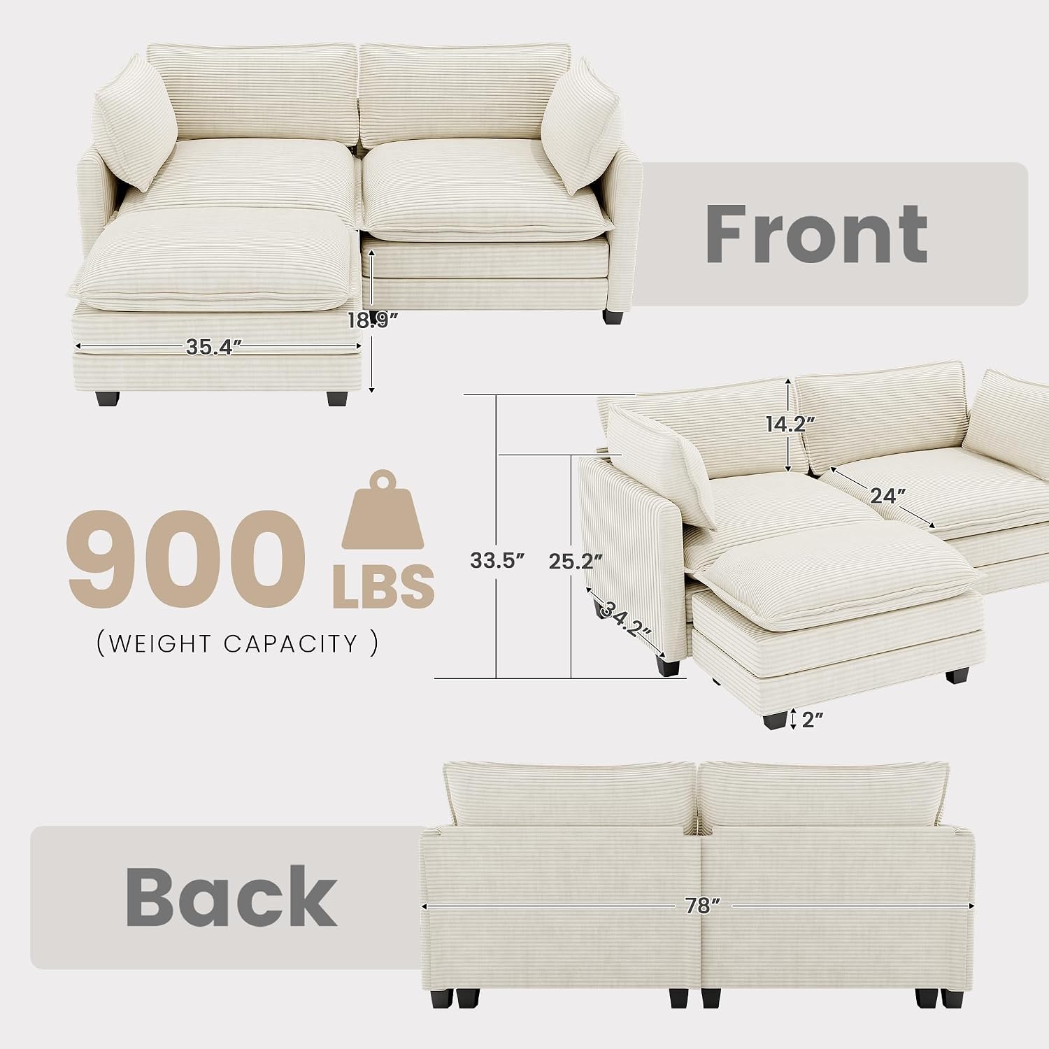 78'' Modular Sectional Cloud Couch with Movable Ottoman, 3 Seat Comfy Modern Corduroy Sofa with 2 Throw Pillows, Deep Seat L Shaped Couch for Living Room Bedroom Apartment, Beige