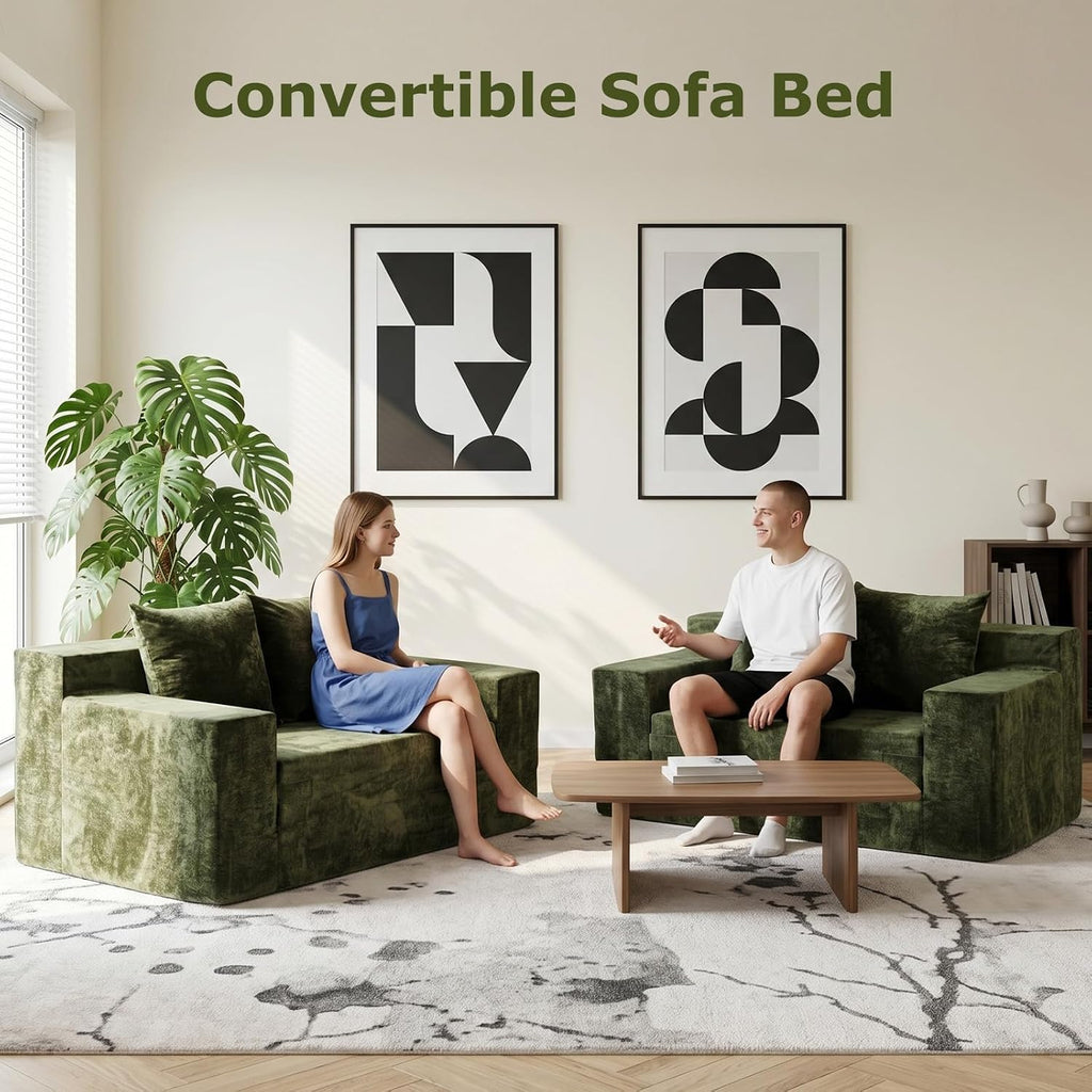 Boneless Couch Loveseat Sleeper, Convertible Sofa Bed Folding Couch Bed, Boneless Chair Bed & Futon Sofa Bed, Small Pull Out Couch Foldable with 4 Pillows for Living Room, Green