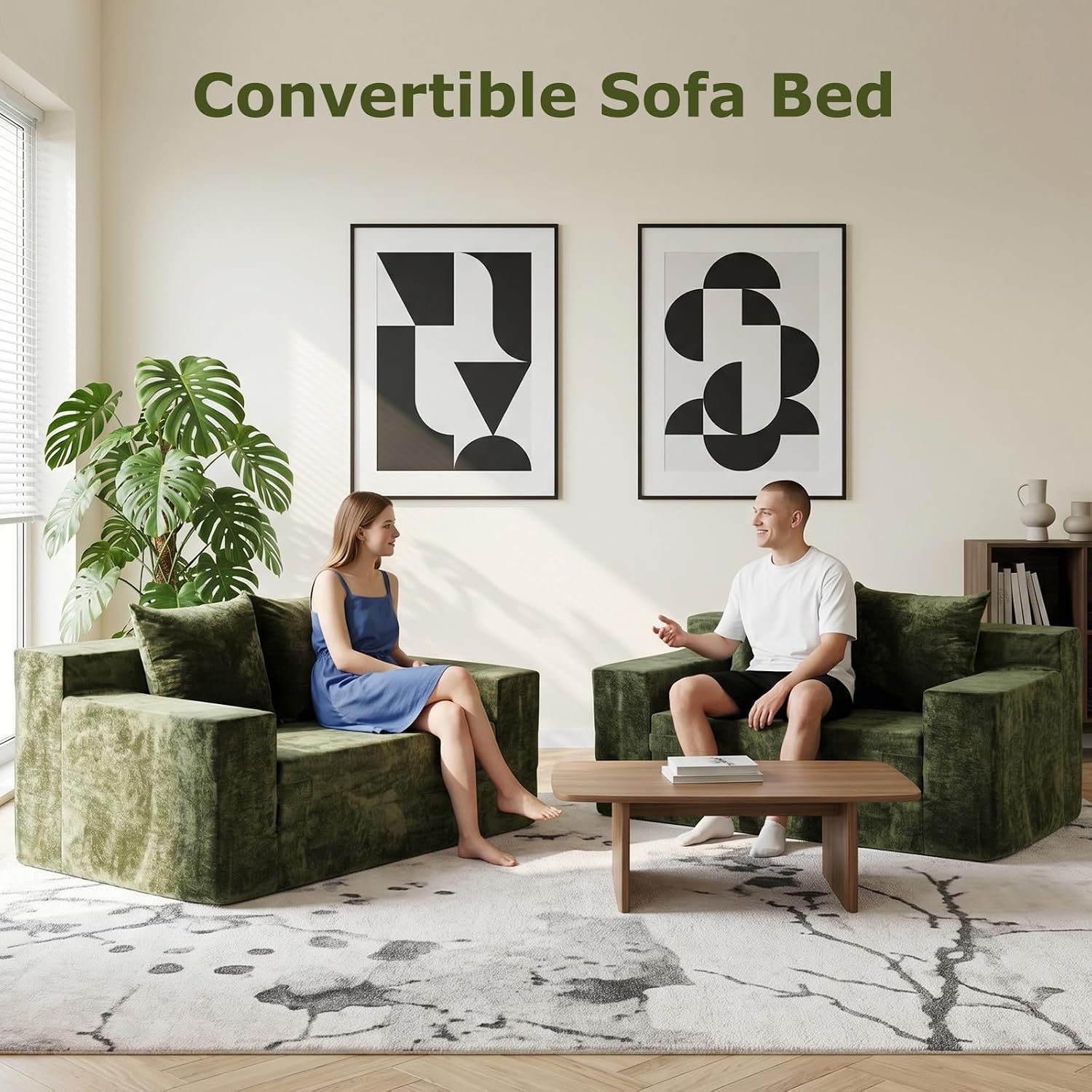 Boneless Couch Loveseat Sleeper, Convertible Sofa Bed Folding Couch Bed, Boneless Chair Bed & Futon Sofa Bed, Small Pull Out Couch Foldable with 4 Pillows for Living Room, Green