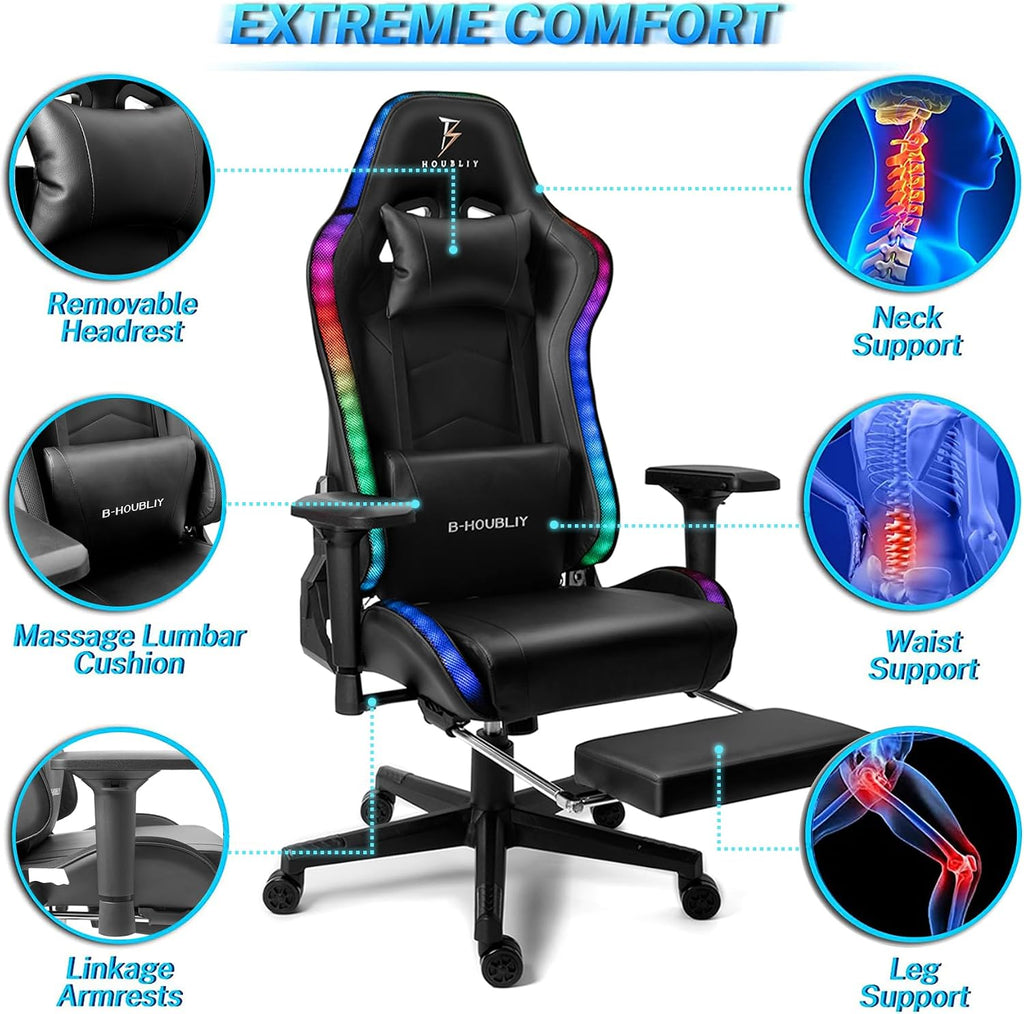 Massage Gaming Chair, High Back Office Computer Chair with Speakers and RGB Lights, Recliner Chair Music Video Game Chair with Headrest and Lumbar Support for Home Office,Black