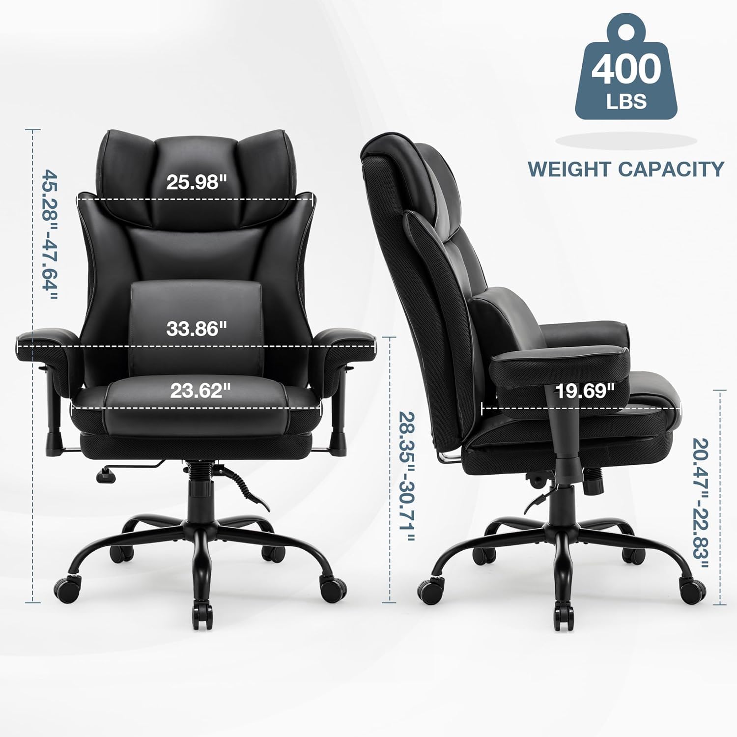 Ergonomic Office Chair with High Back Support, 400lbs Capacity Executive Desk Chair & Gaming Chair, Adjustable Height with Padded Armrests, Massage Lumbar Support for Home Office Comfort (Black)