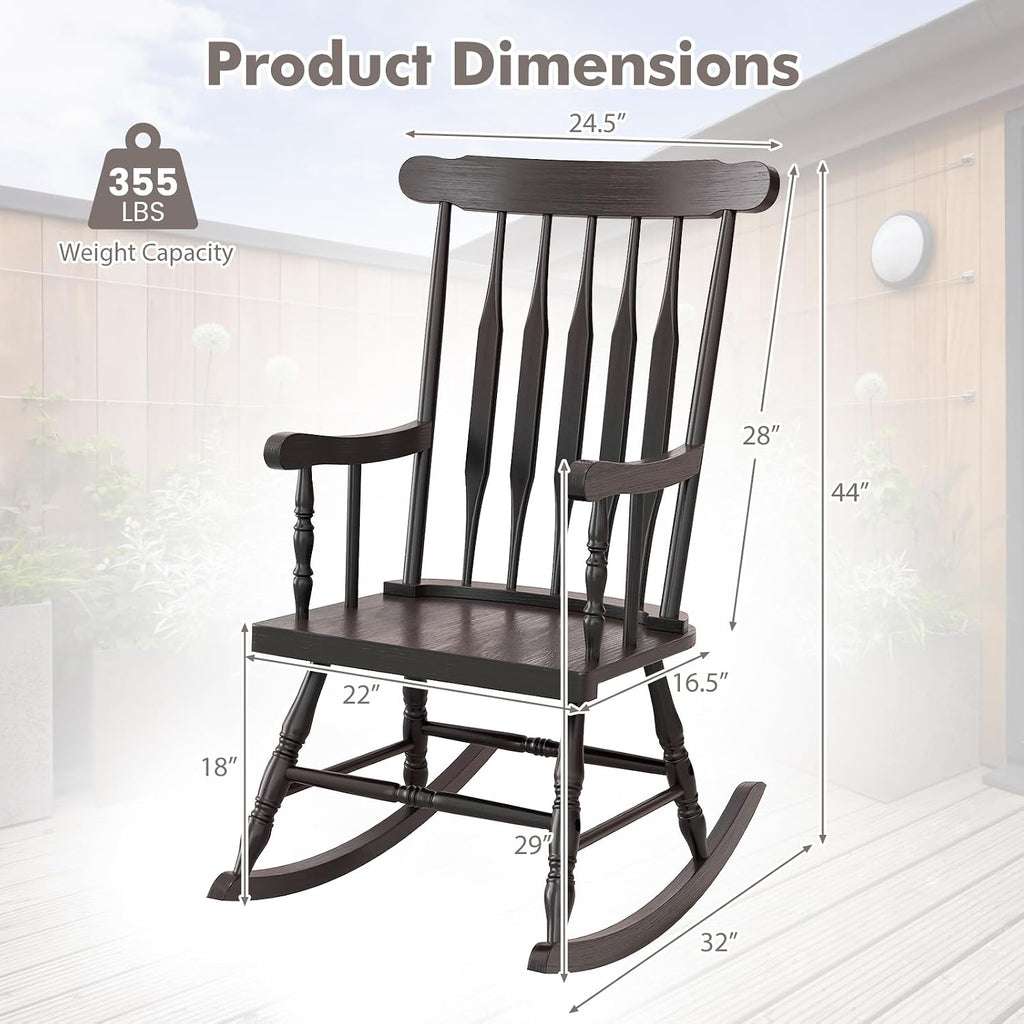 Tangkula Patio Rocking Chair Solid Rubber Wood, Outdoor Porch Rocker Chair with Rubber Wood Frame, Indoor Wooden Rocking Chair, Ideal for Garden, Backyard & Balcony (2, Espresso)