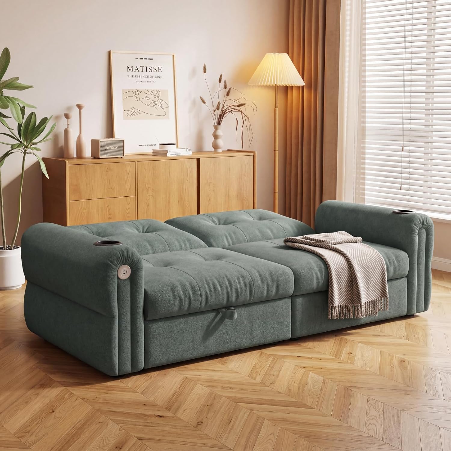 Convertible Couches, Queen Size Pull Out Sofa Bed with USB Charging Port and Cup Holders, Plannelette Fabric Convertible Sofa Bed for Small Space, Living Room, Apartment, Guest Room, Green