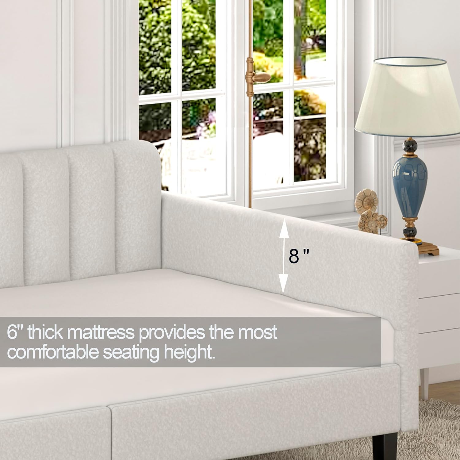 GDFStudio Twin Size Upholstered Daybed, Futon Sofa Bed Ribbed Tufted Backrest Lavish Modern Design, Couch Bed Frame for Bedroom Living Room Guest Room Apartment,Ivory Boucle