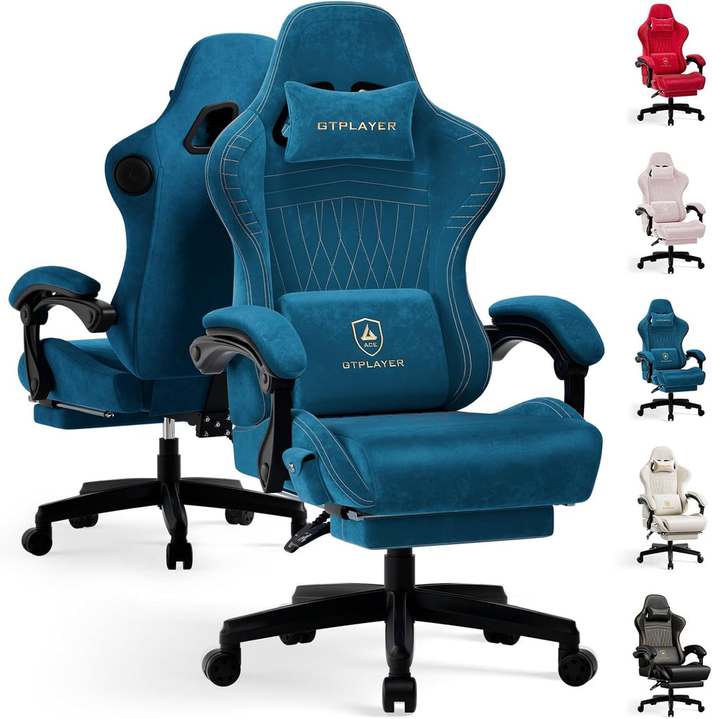 GTPLAYER ACE-PRO Music Gaming Chairs – Built-in Speakers, App Support & Bluetooth Control, Computer Game Chairs with Footrest for Adults, Ergonomic Reclining Silla, Linkage Armrest, Blue 【Velvet】