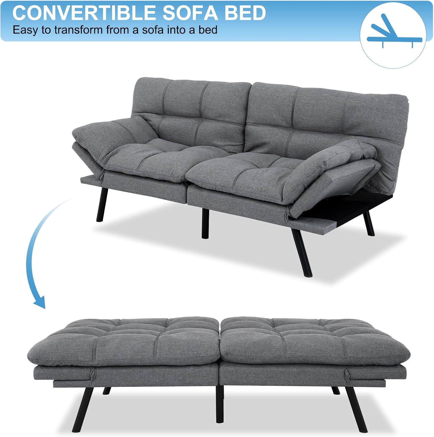 MUUEGM Futon Sofa Bed Couch Sofa, Memory Foam Futon Sleeper Sofa Loveseat Convertible Couch Bed for Small Compact Spaces, Apartment,Light Grey.