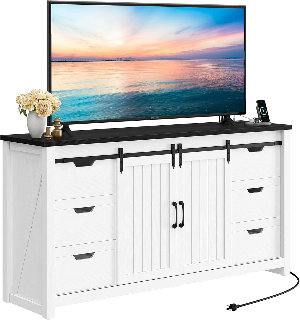 YITAHOME Farmhouse TV Stand for 65/55 Inch TV with Power Outlets & 6 Drawers, Entertainment Center with Sliding Barn Door and Adjustable Shelf, TV Media Console Storage Cabinet for Living Room, White
