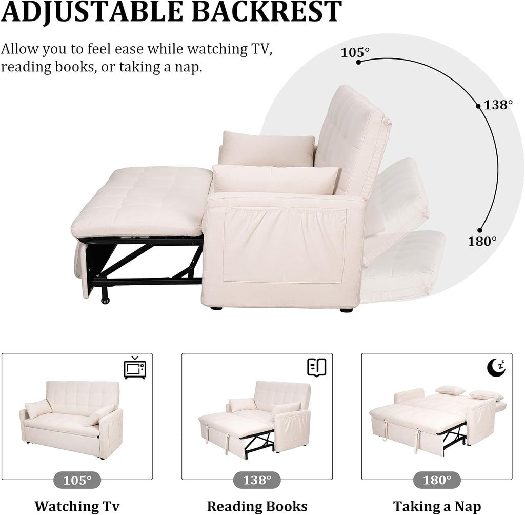 Oversized 3-in-1 Convertible Sleeper Sofa Bed, Futon Couch with Pullout Bed, 2-Seater Loveseat Sofa w/Pockets, Adjustable Backrest and Pillows for Living Room Apartment (White-Button Tufted)