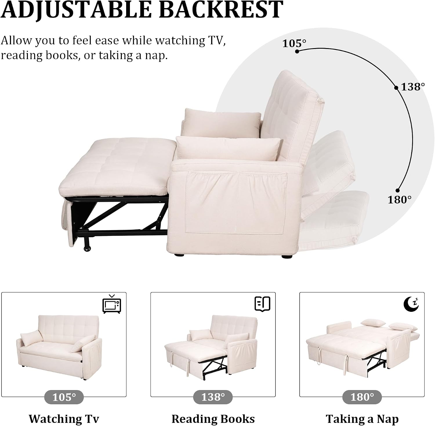 Oversized 3-in-1 Convertible Sleeper Sofa Bed, Futon Couch with Pullout Bed, 2-Seater Loveseat Sofa w/Pockets, Adjustable Backrest and Pillows for Living Room Apartment (White-Button Tufted)
