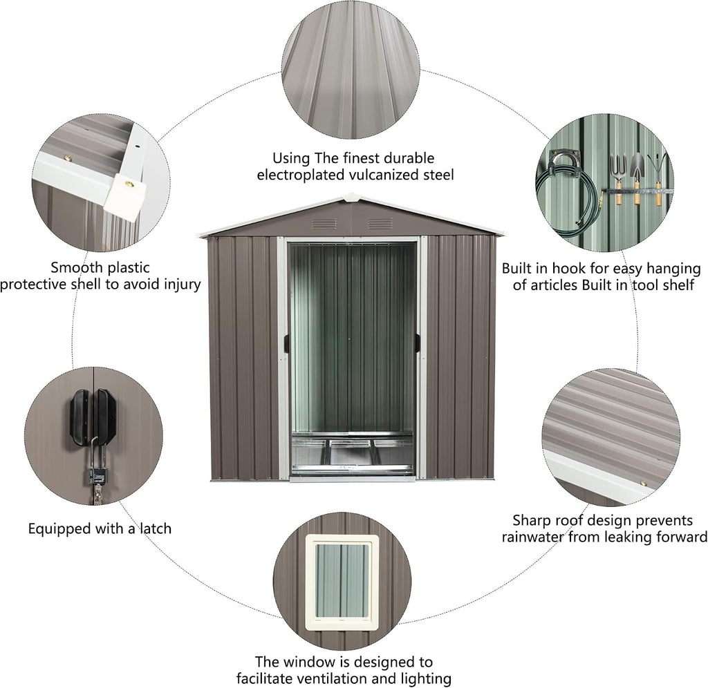6 x 5 FT Outdoor Storage Shed, Metal Garden Shed with Floor Frame, Tool Shed Outdoor Storage with Lockable Sliding Doors & Window & Air Vents, Storage House Waterproof for Backyard, Lawn, Gray