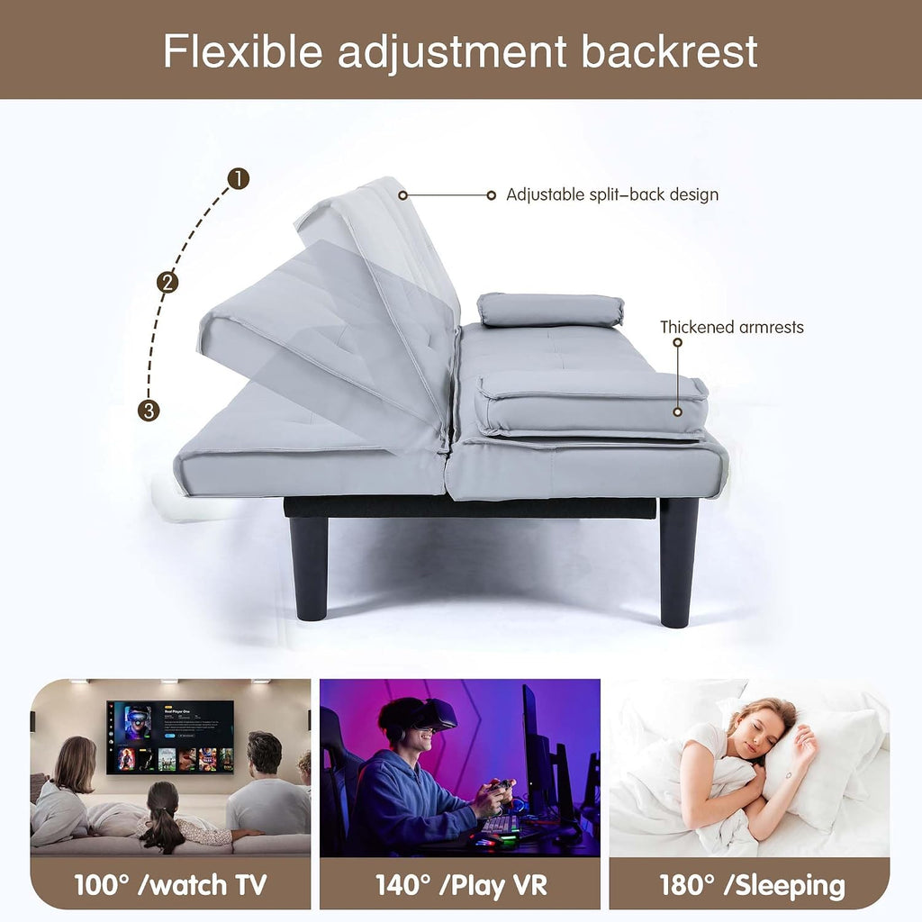 67' Futon Sofa Bed,Convertible Sofa Bed with 2 Cup Holders,Sleeper Couch PVC Leather Removable Soft Armrest Small Couch for Living Room Apartments ﻿ (Light Gray)