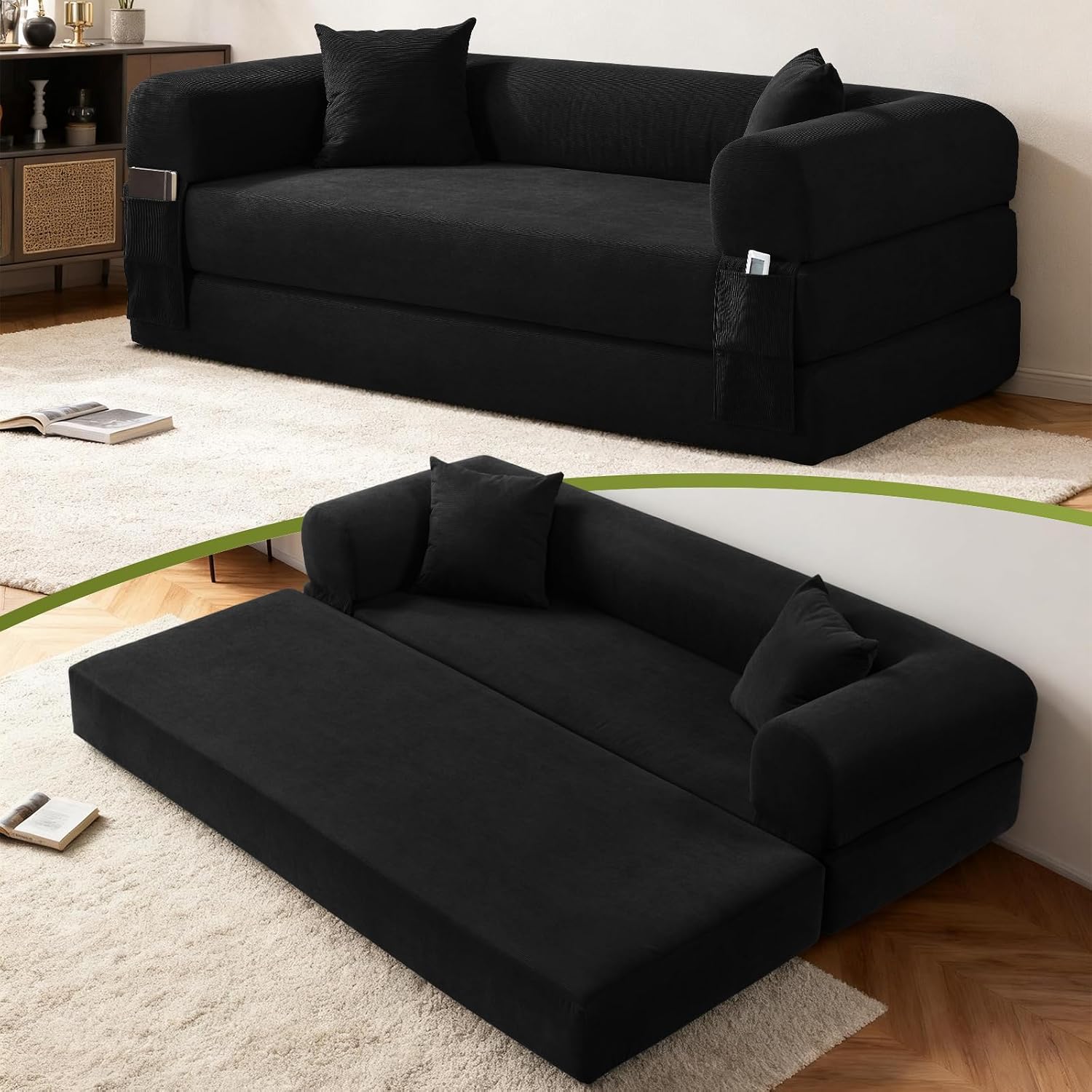 Convertible Futon Sofa Bed,80' Folding Pull Out Couch with Pillows & Storage Pocket (Black, Corduroy-35.5'W)