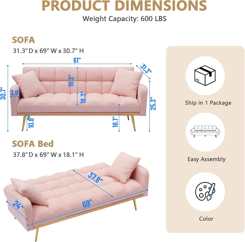 Teddy Futon Sofa Bed,69' Modern Small Love Seat Couch for Small Spaces,Convertible Tufted Sleeper Sofa Loveseat Couch Bed with Gold Metal Legs for Living Room,Bedroom,Apartment (Teddy Pink)