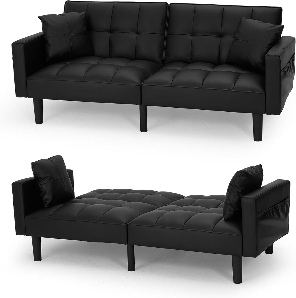 ECOTOUGE Futon Sofa Bed, 74' Convertible Sofa Bed with Adjustable Backrest Modern Loveseat Sleeper Sofa with 2 Pillow & Side Pockets Faux Leather Futon Couch for Living Room, Bedroom, Office, Black